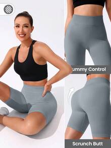 SHEIN Sports 女款純色高腰日常健身運動短褲 - 灰色 - 查看 6