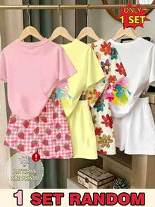 Elladie kids (Random Pattern, 1 Set Random) Girls' Fresh Fashion Colorful Graffiti Floral Strawberry Print Basic Short T-Shirt And Shorts Set - Multicolor - View 2