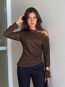 Siren Gaze Women's Solid Color Contrast Lace Asymmetric Shoulder Long Sleeve Fashion Top - Chocolate Brown - View 9