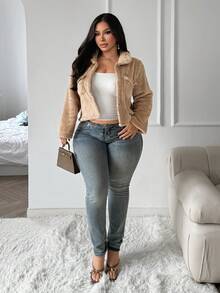 SHEIN SXY Khaki Fur Trim Metal Buckle Decor Short Slim Fit Jacket Winter - Khaki - View 3