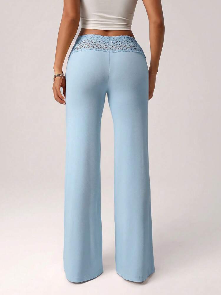 SHEIN ICON Women's White Knit Patchwork Waist Beaded Rope Straight Leg Loose Casual Vacation Pants - Blue - View 2
