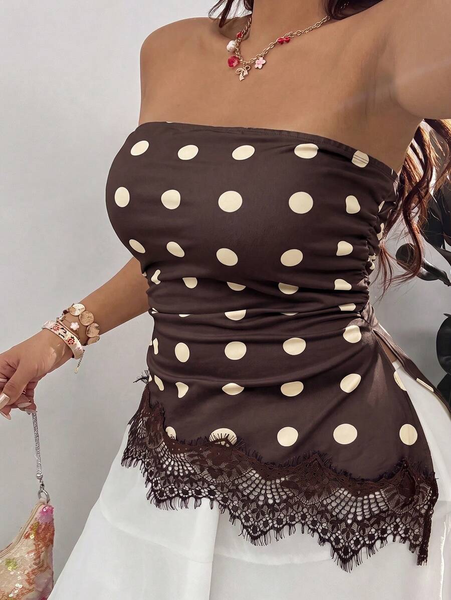 GalTyme Atasan Bandeau Motif Polkadot Patchwork Renda untuk Wanita Ukuran Plus - Coklat - View 1
