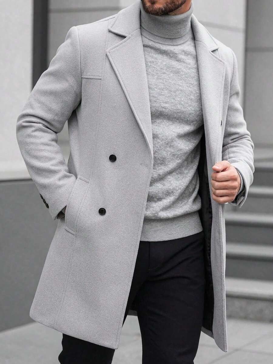 Manfinity CasualCool Men's Solid Color, Button-Down, Long-Sleeved Black Overcoat, Autumn/Winter Style. - Grey - View 1