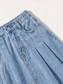 Maija Kids Maija Kids Young Girl Blue Pleated Flared Denim Skirt, Spring And Summer Casual Vacation - Light Wash - View 3