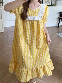 Dazy Plus Cute Patchwork Frill Trim Loose Plaid Yellow Spring Summer Autumn Home Wear Long Nightgown - Yellow - View 5