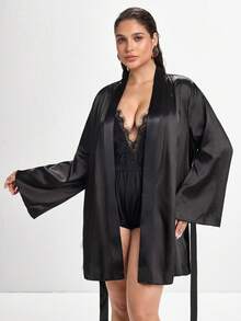 Slumbrini Plus Size Women's Eyelash Lace Patchwork Satin Robe & Nightgown 3-Piece Set - Black - View 7