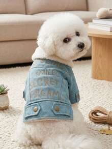 PETSIN 1件刺繡字母寵物藍色毛絨加厚外套，適用於低溫寒冷天氣的貓狗衣服 - 藍色 - 查看 3