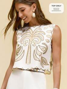 CAJUNI x Carol Peixinho Beige Woven Fabric Round Neck Sleeveless Crop Top With Intricate Print For Women - Beige - View 1