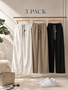 Set Of 3 Wide Leg Pants For Women, Multicolor. Functional Pockets, Natural Waist Fit, Double Lace, Ribbed Texture. You Will Receive 3 Pounds In Random - Multicolor - View 1