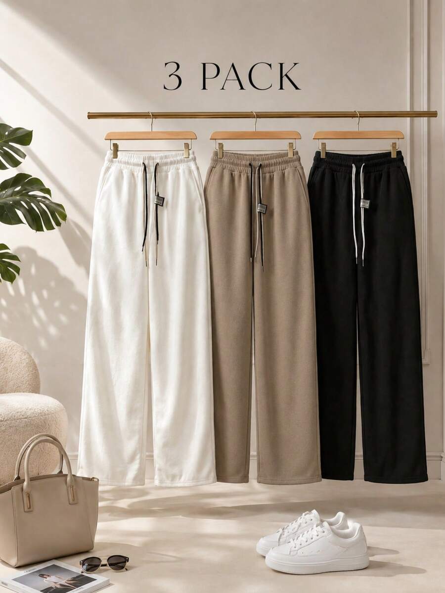 Set Of 3 Wide Leg Pants For Women, Multicolor. Functional Pockets, Natural Waist Fit, Double Lace, Ribbed Texture. You Will Receive 3 Pounds In Random - Multicolor - View 1