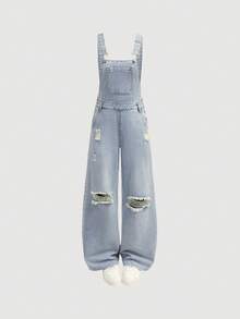 SHEIN 青少年女孩時尚返校街頭風混搭百搭設計 Y2K 復古可愛酷感簡約寬鬆舒適懷舊水洗藍破洞後腰束帶牛仔連身褲，青少年女孩日常穿著，春夏季 Rave 派對、音樂節穿搭街頭服飾 - 藍色 - 查看 6