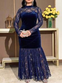 Feyla Plus Size Elegant Sexy Lace Patchwork Mermaid Dress - Navy Blue - View 5