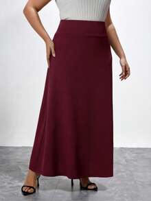 Chikora Plus Solid A-Line Long Black Skirt - Burgundy - View 3
