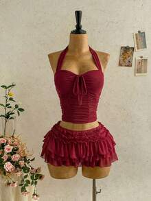 Soleia Damen Frühling/Sommer romantisches Urlaubs Chiffon plissiert rückenfrei Neckholder Top - Bordeaux - Übersicht 7