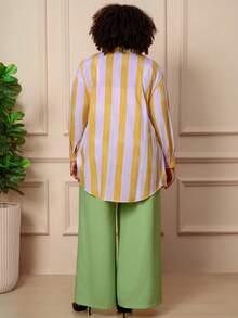 BrightlyHer Plus Size Women's Color Block Striped Lapel Collar Long Sleeve Button Front Loose Fit Shirt Casual Elegant Office Formal Brunch Fall Soft Yellow - Multicolor - View 5