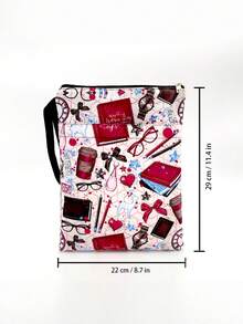 1PC Washable Multifunctional Zippered Book Cover Sleeve Vintage Book Coffee Cup Print Girly Stationery Glasses Bow Watch Heart Pattern Portable Protective Storage Bag For Students Teachers Book Lovers - Single Piece - View 3
