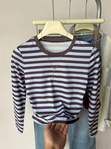 SHEIN Tween Girls Autumn Blue & Brown Striped Long Sleeve T-Shirt, Casual Versatile Everyday Wear - Multicolor - View 2