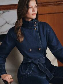 Anewsta Autumn Fashion Belted Denim Jacket - Blue - View 4