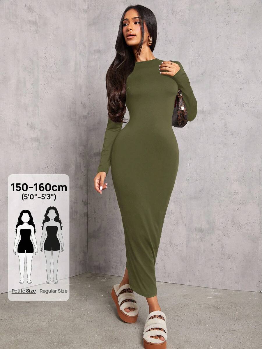 SHEIN PETITE Solid Color Pleated Waist Black Long Sleeve Dress ,Petite Women - Army Green - View 1