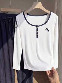 SHEIN EZwear 大尺碼女款馬術印花長袖上衣與長褲休閒日常兩件套 秋季 - 藍白色 - 查看 11