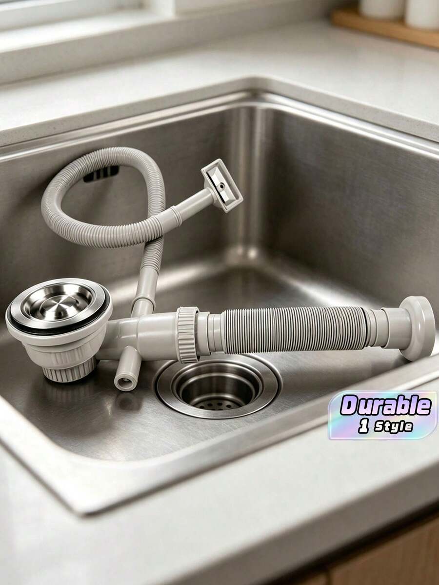 1 Set Of Universal Single-Slot PVC Kitchen Drain Pipe Kit, Straight-Through Retractable Flexible Drain Hose With Anti-Odor Water Trap, Leak-Proof Double-Basin Kitchen Sink Drain Pipe, Easy To Install - multicolor - View 1