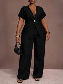 Slaydiva Conjunto de 2 piezas de blazer de un solo botón y pantalones de pierna ancha, elegante traje de negocios para trabajo de talla grande para curvas - Negro - Ver 3