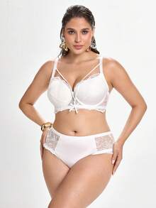 Slumbrini Solid Color Lace Comfortable Daily Underwire Molded Cup Support Fabric Patchwork Plus Size Lingerie Set Summer White Lingerie - White - View 1