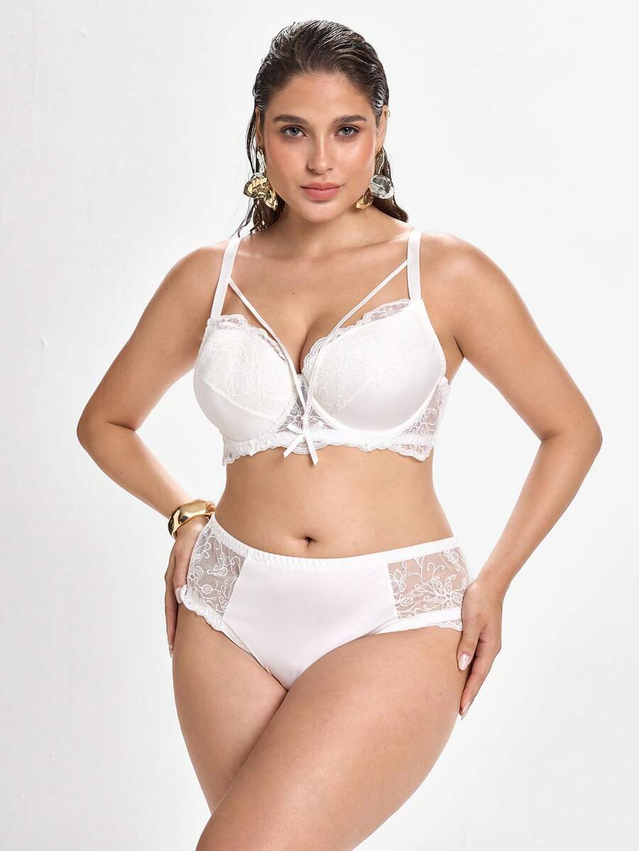 Slumbrini Solid Color Lace Comfortable Daily Underwire Molded Cup Support Fabric Patchwork Plus Size Lingerie Set Summer White Lingerie - White - View 1