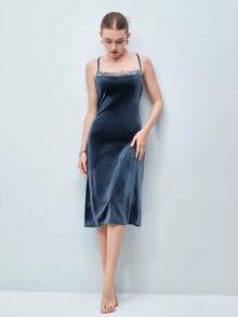 Softvol Women's Sexy Lace Patchwork Velvet Backless Criss-Cross Strap Long Nightgown Velvet Dress Lace Detail Dress Blue Lingerie Dress Backless Dress - Dusty Blue - View 6