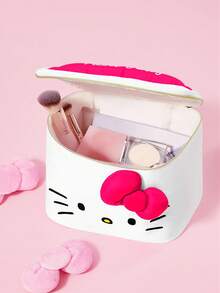 HELLO KITTY AND FRIENDS | SHEIN 可愛貓咪印花大容量聚酯纖維化妝包，附3D蝴蝶結與提把，旅行與日常使用化妝收納袋 - 玫紅色蝴蝶結款 - 查看 2