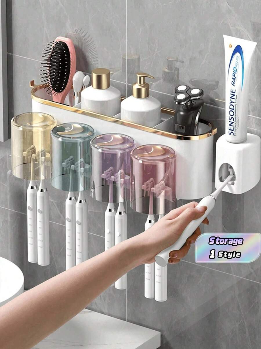 1 Set Wall Mount Toothbrush Holder With 2/3/4 Cups & Toothpaste Dispenser, Punch-Free Creative Bathroom Storage Rack, Convenient Daily Oral Care Organizer For Toothbrush, Toothpaste And Wash Supplies