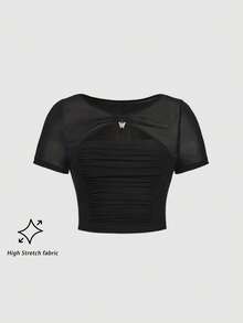 SHEIN MOD Plus Women's Black Sheer Mesh Patchwork Ruched T-Shirt Butterfly Detail Short Sleeve Round Neck Slim Fit Top For Spring Party - Black - View 2