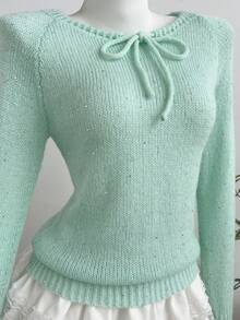 Elamini Solid Color Sequin Knit Sweater, Spring/Autumn Women's Pullover Top, Long Sleeve Bow Tie Thin Style - Mint Green - View 5