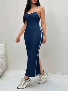 Flexra Plus Size Women's Colorblock Split Hem Fitted Spaghetti Strap Denim Dress - Blue - View 12