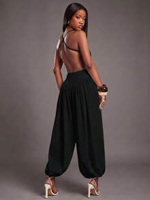 NYA SZN Jumpsuit Sleeveless Spaghetti Strap Fitted Cinch Drop Waist Balloon Pant Leg Loose Baggy Church Elegant Summer Fall Winter - Black - View 2