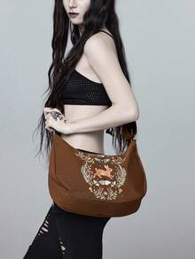ROMWE Fairycore Flower Type: 1663157 High Quality Embroidery Thread Moth Plant Rabbit Embroidery Mushroom Anti-Splashing Shoulder Underarm Oblique Span Back Computer Male And Female Students Large Capacity Commuter Travel Adjustable Dumpling Bag Brown - Brown - View 5