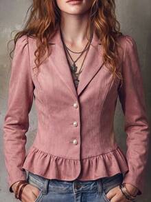 SHEIN Elenzya Women's Faux Pearl Decorated Ruffle Hem Long Sleeve Blazer - Pink - View 4