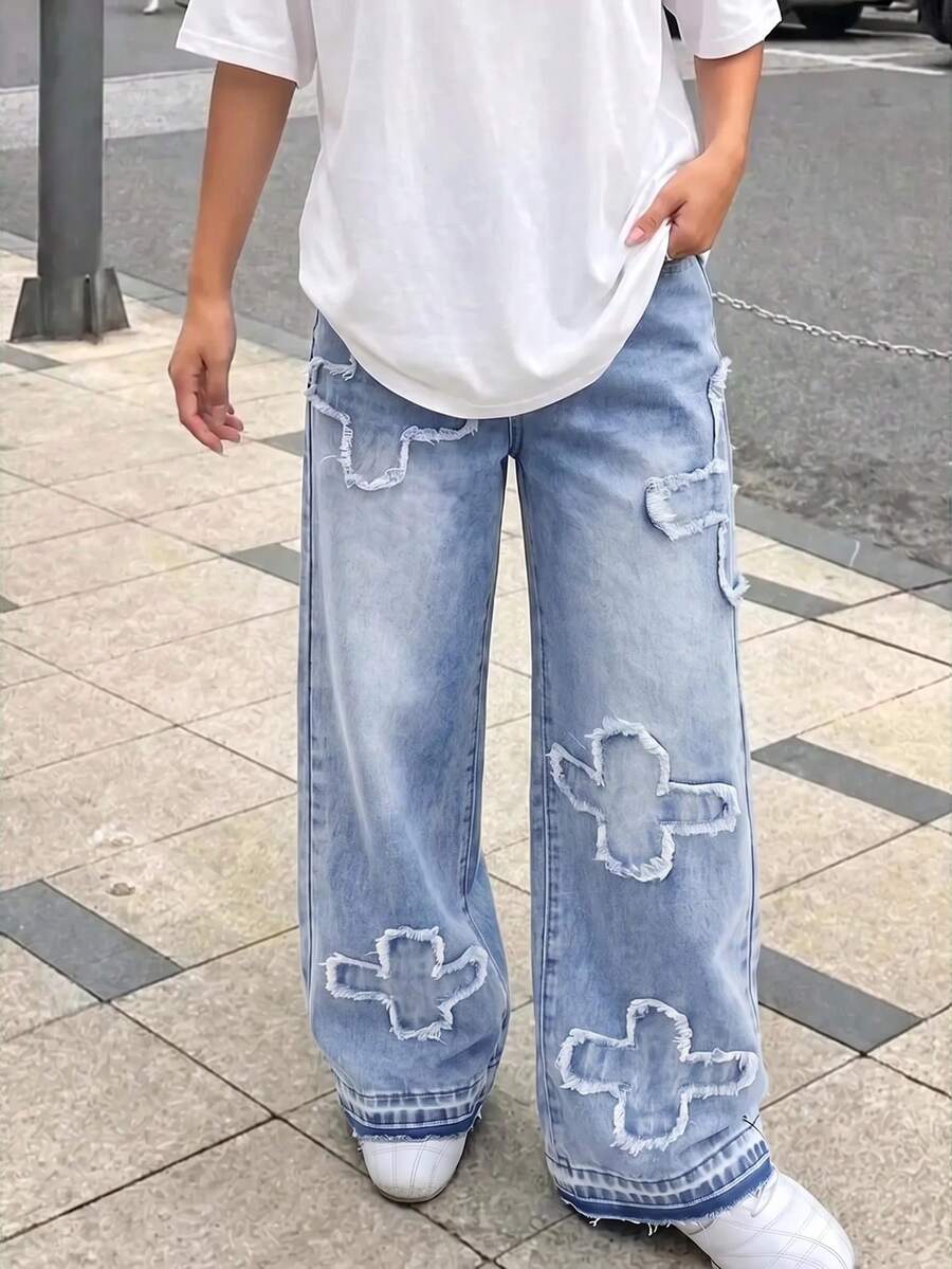 SHEIN Tween Girl Y2K Frayed Hem Decor Washed Distressed Floral Pattern Baggy Straight Leg Jeans, Fall Back To School Streetwear - Blue - View 1
