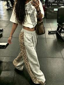 Rovax Women Grey Leopard Contrast Panel Letter Print Drawstring Wide Leg Sweatpants, Spring Autumn Y2K Street Casual Style, Daily Sports Vacation Loose Tr - Multicolor - View 4