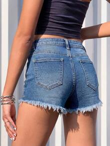 SHEIN Teen Girls' Summer Casual Vacation Fashion Street Chic Daily Commute Distressed Frayed Hem Denim Shorts - Medium Wash - View 2