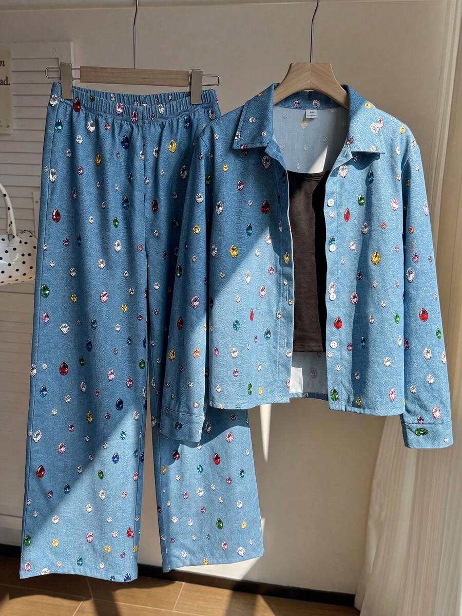 SHEIN 女童休閒藍色寶石印花三件套,領口襯衫搭配彩色寶石印花與單排鈕扣開襟,配對寬腿長褲 - 彩色 - 查看 1