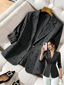 SHEIN Franclia 優雅休閒西裝外套 翻領設計 3/4 袖 貼袋口袋 棕色與黑色波點 春夏秋冬 辦公室工作 時髦職場穿搭 - 深灰色 - 查看 1