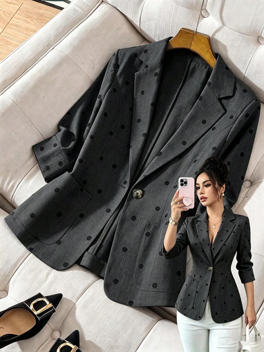 SHEIN Franclia 優雅休閒西裝外套 翻領設計 3/4 袖 貼袋口袋 棕色與黑色波點 春夏秋冬 辦公室工作 時髦職場穿搭 - 深灰色 - 查看 1