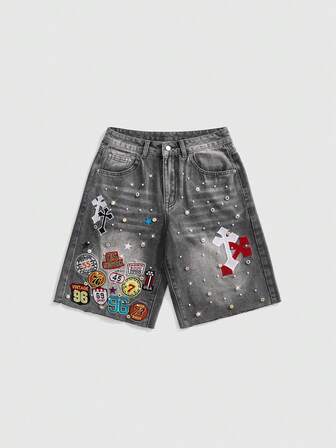 Street Life Frühling/Sommer Y2K Street Style sexy Damen Shorts mit niedriger Taille, lockerer gerader Beinform, Denim, mittlere Länge, mit Kreuz- & Nummern-Abzeichen-Stickerei und Strass-Nieten