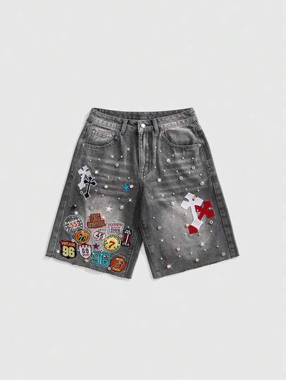Street Life Shorts de mezclilla de cintura baja, pierna recta y sueltos, estilo callejero Y2K sexy para mujer, primavera/verano, con bordado de insignia de cruz & número y tachuelas de strass