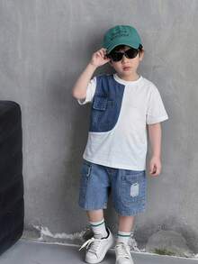 SHEIN Little Byeori 儿童牛仔拼接圆领T恤和牛仔裤两件套，休闲日常穿着，适合通勤、上学、日常休闲、运动、春夏穿着。 - 白色 - 查看 5