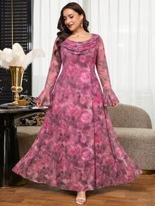 Reflora Vestido de vacaciones elegante con estampado floral, mangas con volantes y plisado, talla grande - Rosa Fucsia - Ver 7