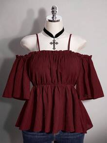 SHEIN ICON 大尺碼女款 Y2K 復古純色露肩上衣 - 酒紅色 - 查看 3