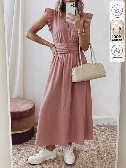 Louniche Gaun Midi Wanita Warna Merah Muda Pudar dengan Hiasan Renda Eyelet, Leher V, Lengan Pendek Berkerut, Pinggang Tinggi, dan Bahan Vakum yang Mengalir