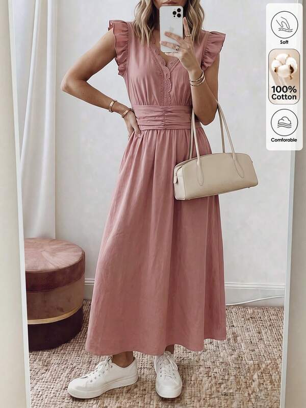 Louniche Gaun Midi Wanita Warna Merah Muda Pudar dengan Hiasan Renda Eyelet, Leher V, Lengan Pendek Berkerut, Pinggang Tinggi, dan Bahan Vakum yang Mengalir